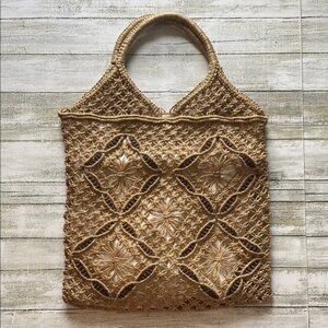 Vintage Woven Tote Bag Natural Color with Flower Pattern